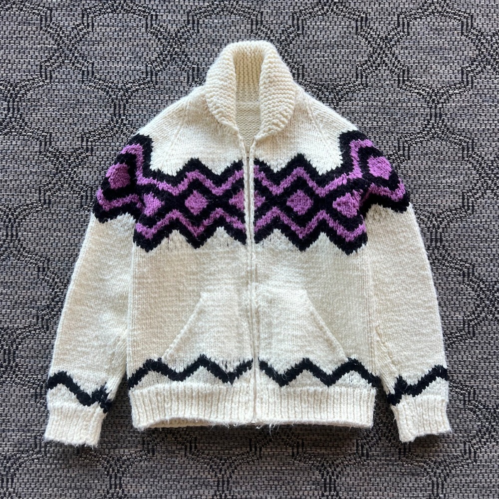 Vintage Cowichan Sweater Womens Small Cream Purple Geometric Cardigan Handmade